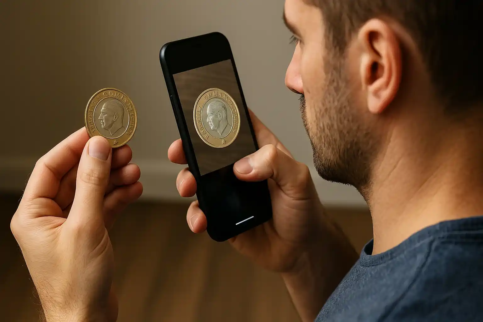 A traveler uses his smartphone to scan a Turkish coin and learn more about its value and history.