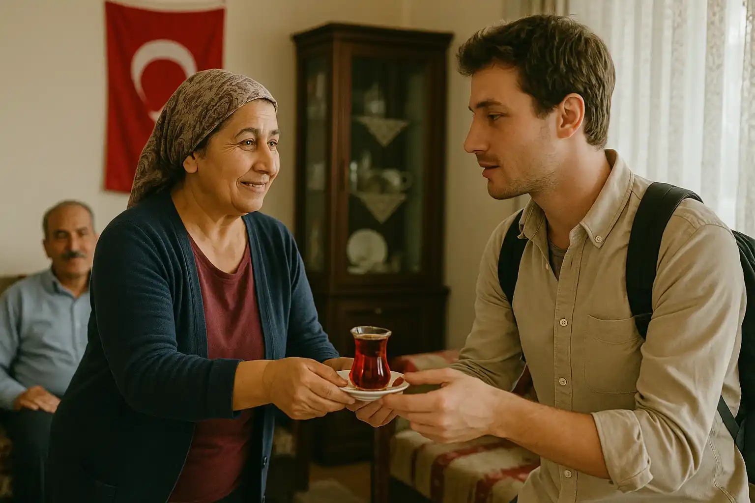 A Turkish woman offers tea to a foreign guest in her home - a gesture of spontaneous hospitality and sincere welcome.
