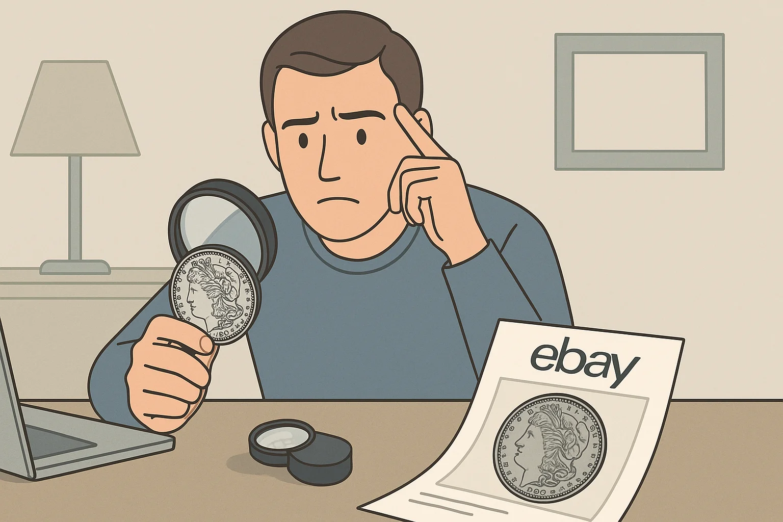 A collector looks suspiciously at the coin from eBay listings.