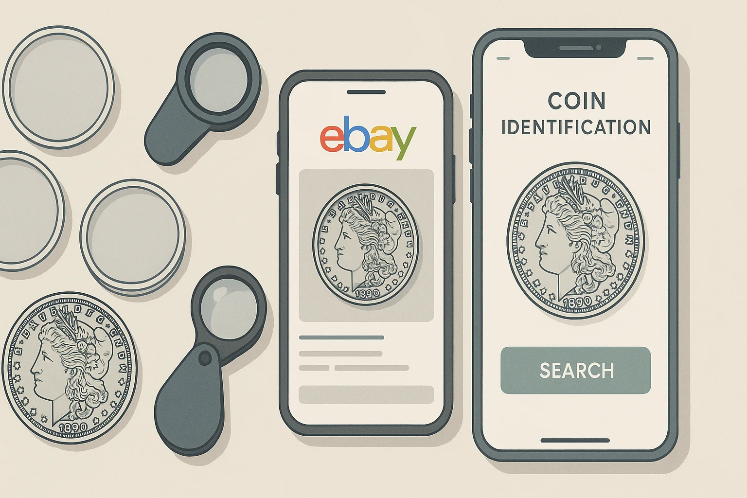 A setup with tools for coin identification and safe eBay coin purchases.