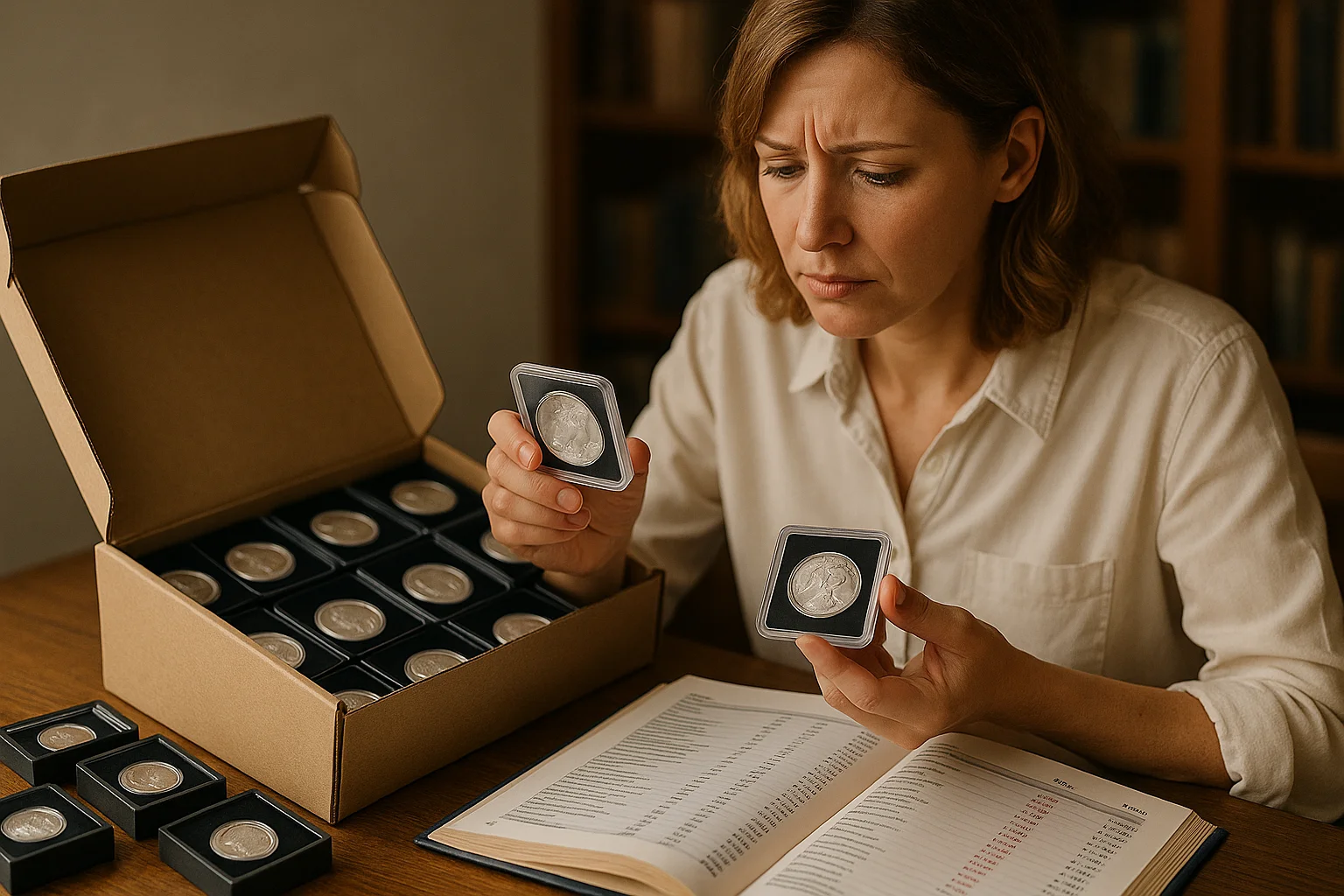 A collector opens a box of modern commemorative silver dollars and realizes their oversupply and weak resale value despite attractive packaging.